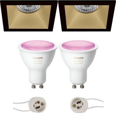 Pragmi Pollon Pro - Inbouw Vierkant - Mat Zwart/Goud - Verdiept - 82mm - Philips Hue - LED Spot Set GU10 - White and Color Ambiance - Bluetooth