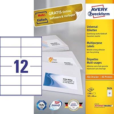 Avery Zweckform 3424, Universele etiketten, Ultragrip, wit, 100 vel, 12 per vel, 105 x 48 mm Avery Zweckform 3424, Universele etiketten, Ultragrip, wit, 100 vel, 12 per vel, 105 x 48 mm
