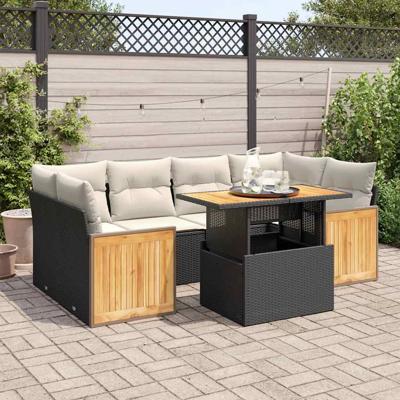 7-delige Loungeset met kussens poly rattan zwart