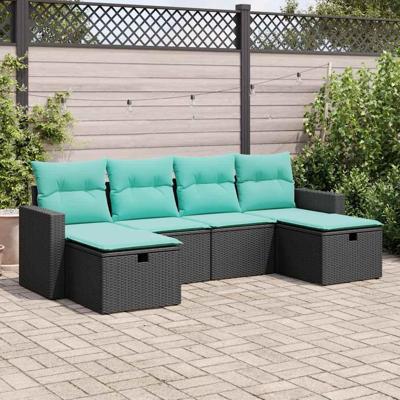 6-delige Loungeset met kussens poly rattan zwart