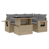 5-delige Loungeset met kussens poly rattan beige - thumbnail