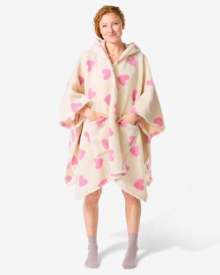 HEMA Dames bankponcho one size fleece met capuchon en zakken hartjes