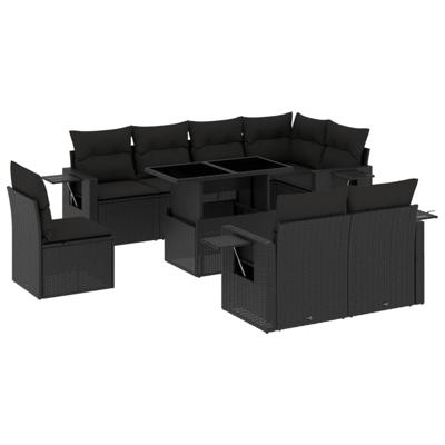 9-delige Loungeset met kussens poly rattan zwart