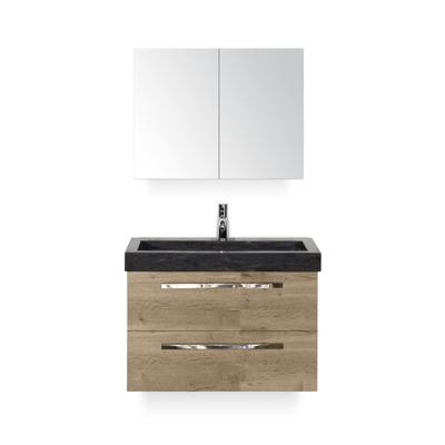 Seville Badmeubelset 80 cm - Natuur Eiken - Wastafel Hardsteen Wit Lucca - met Spiegelkast