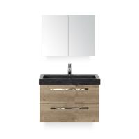 Seville Badmeubelset 80 cm - Natuur Eiken - Wastafel Hardsteen Wit Lucca - met Spiegelkast - thumbnail