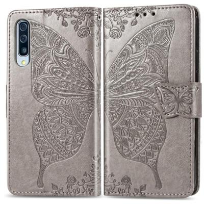 Butterfly Love bloemen reliëf horizontale Flip lederen case voor Galaxy A70 met houder & kaartsleuven & portemonnee & Lanyard (grijs)