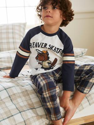Flanellen beverpyjama jongens met broek donkerblauw