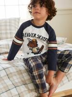 Flanellen beverpyjama jongens met broek donkerblauw - thumbnail