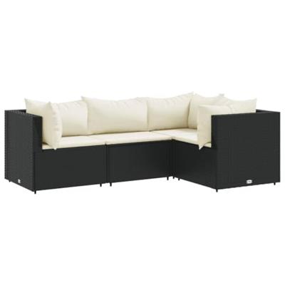 4-delige Loungeset met kussens poly rattan zwart