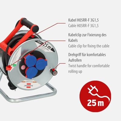 Brennenstuhl Kabelhaspel 25 mtr | IP44 | 3G1.5 | Rubber | Kort buitengebruik | 1198520 - 1198520 - thumbnail