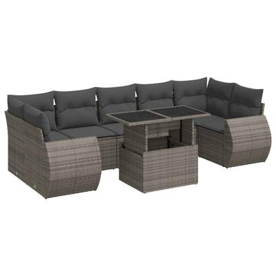 8-delige Loungeset met kussens poly rattan grijs