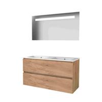Basic-Line Economic 46 Badkamermeubelset - 120 x 46 cm - Greeploos - 2 Lades - Keramische Wastafel - 2 Kraangaten - Spiegel met LED Verlichting - Whisky Oak - thumbnail