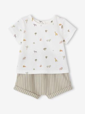 Geboorteset bedrukt T-shirt en gestreepte short kaki