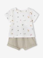Geboorteset bedrukt T-shirt en gestreepte short kaki - thumbnail