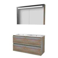 Basic-Line Premium 46 Badkamermeubelset - 120 x 46 cm - Greeploos - 4 Lades - Keramische Wastafel - 2 Kraangaten - Spiegelkast met LED Verlichting - Scotch Oak - thumbnail