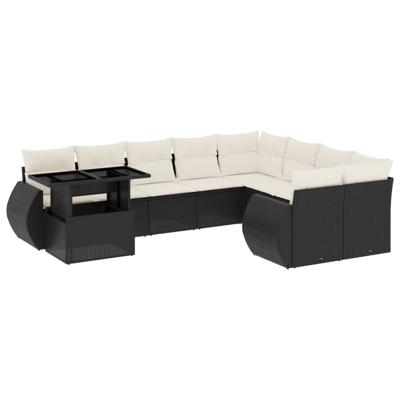 10-delige Loungeset met kussens poly rattan zwart - thumbnail