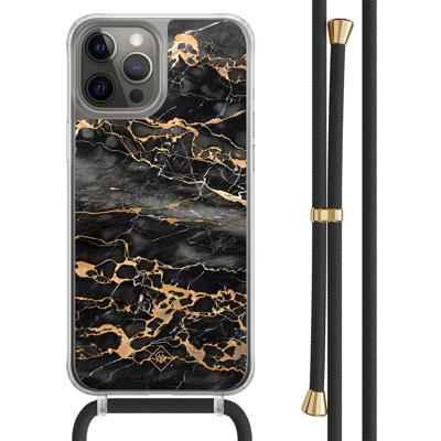 iPhone 12 (Pro) hoesje met zwart koord - Marmer grijs brons iPhone 12 (Pro) hoesje met zwart koord - Marmer grijs brons
