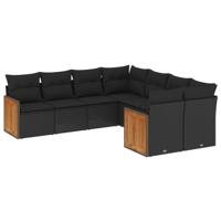 8-delige Loungeset met kussens poly rattan zwart - thumbnail