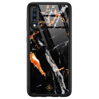 Samsung Galaxy A50 glazen hardcase - Marmer zwart oranje - thumbnail