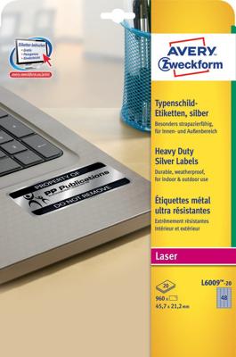 Etiket Avery L6009-20 45.7x21.2mm zilver 960 etiketten Etiket Avery L6009-20 45.7x21.2mm zilver 960 etiketten