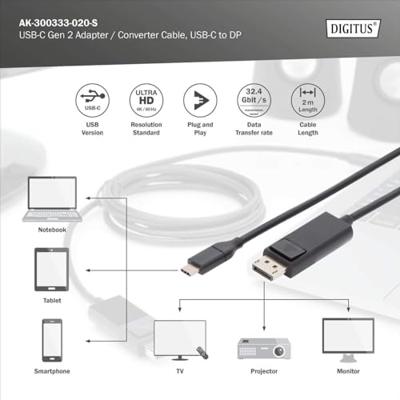 Digitus AK-300333-020-S USB-C-displaykabel USB-C / DisplayPort Adapterkabel USB-C stekker, DisplayPort-stekker 2.00 m Zwart Afgeschermd, Afgeschermd (dubbel)