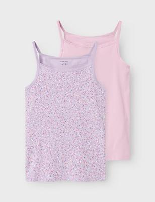 Name it 2-pak meisjes hemdjes spaghetti bandjes - Lilac Dots - Kinderonderhemd roze - Katoen