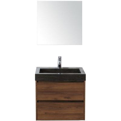 Dante Badmeubelset 60 cm - Walnoot - Wastafel Hardsteen Wit Lucca met Spiegel
