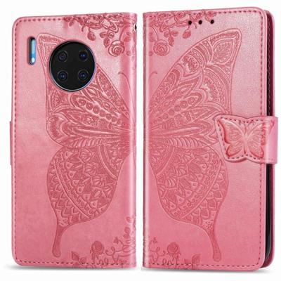 Voor Huawei mate 30 Pro Butterfly Love Flower reliëf horizontale Flip lederen draagtas met beugel/kaartsleuf/portemonnee/Lanyard (roze)