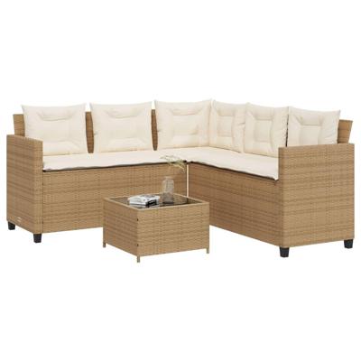 Tuinbank met tafel en kussens L-vormig poly rattan beige