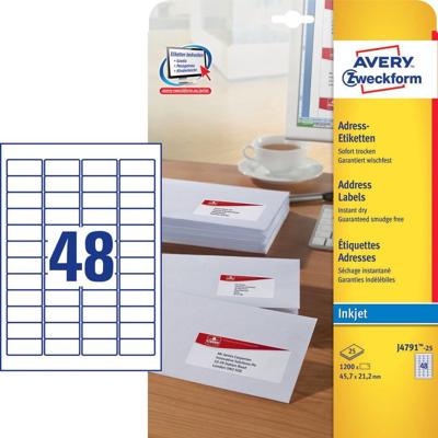 Avery-Zweckform Adresetiketten J4791-25 (N/A ),Wit, Rechthoek, Afgeronde hoeken, 1200 stuk(s), Permanent hechtend Avery-Zweckform Adresetiketten J4791-25 (N/A ),Wit, Rechthoek, Afgeronde hoeken, 1200 stuk(s), Permanent hechtend