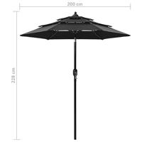 VidaXL Parasol 3-laags met aluminium paal 2 m zwart - thumbnail