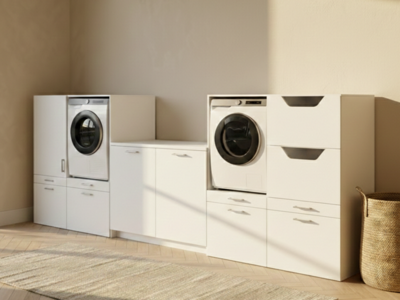 Kast WASHING 2 machines met kast 1 deur 2 lades en kast voor wasgoed en kast met werkblad MEDIUM wit
