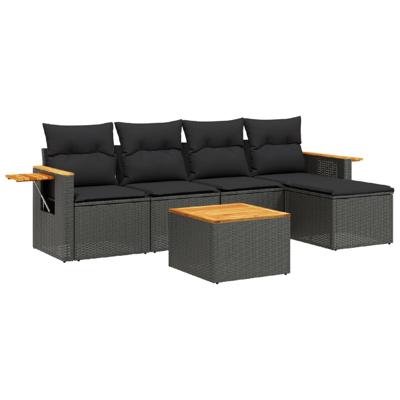 5-delige Loungeset met kussens poly rattan zwart