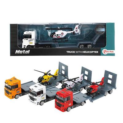 Toi-Toys Metal vrachtwagen met oplegger en helikopter