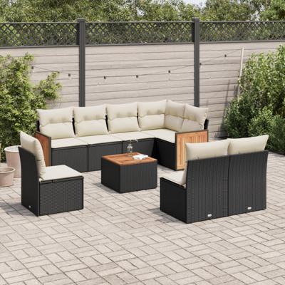 8-delige Loungeset met kussens poly rattan zwart