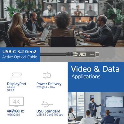 ACT USB-C 3.2 Gen2 Active Optical Cable (AOC) Touchpanel video/data/power 15m