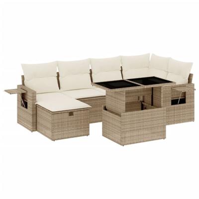 7-delige Loungeset met kussens poly rattan beige