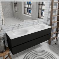 Zaro Sevilla Solid Surface badmeubel 150cm mat zwart geen kraangat met 2 lades dubbele spoelbak - thumbnail