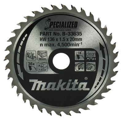 Makita SPECIALIZED B-33635 Hardmetaal-cirkelzaagblad 136 x 20 x 1 mm Aantal tanden: 36 1 stuk(s) Makita SPECIALIZED B-33635 Hardmetaal-cirkelzaagblad 136 x 20 x 1 mm Aantal tanden: 36 1 stuk(s)