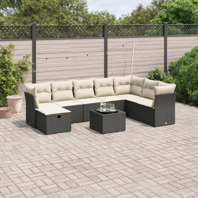 8-delige Loungeset met kussens poly rattan zwart - thumbnail