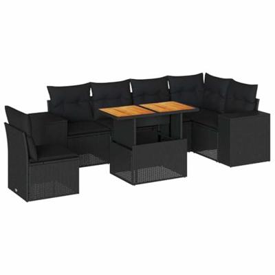 7-delige Loungeset met kussens poly rattan zwart