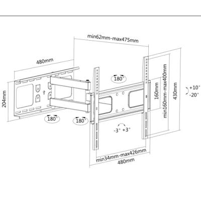 Manhattan 461252 TV-beugel 81,3 cm (32) - 139,7 cm (55) Kantelbaar, Zwenkbaar Voor curved TVs, Variabele afstand tot de muur, Verstelbare ondersteun