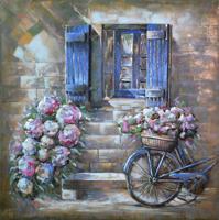 Schilderij - Metaalschilderij - Bloemen, Venster en Fiets, 100x100cm. 3D - thumbnail