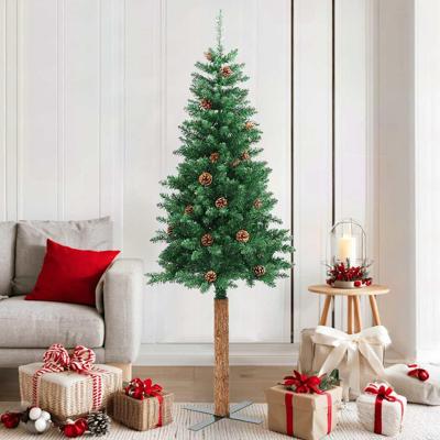 Kerstboom met echt hout en dennenappels smal 180 cm PVC groen