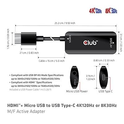 CLUB3D HDMI + Micro USB to USB Type-C 4K120Hz or 8K30Hz M/F Active Adapter CLUB3D HDMI + Micro USB to USB Type-C 4K120Hz or 8K30Hz M/F Active Adapter