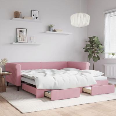 Slaapbank met onderschuifbed en lades 100x200 cm fluweel roze