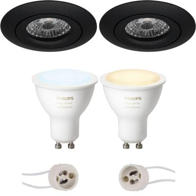 GU10 Inbouwspot Set - Mat Zwart - Inbouw Rond - Kantelbaar - Philips Hue - White Ambiance - Bluetooth - Pragmi Uranio Pro - Ø82mm