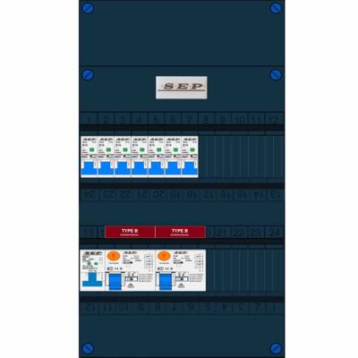 Groepenkast 230V 7 groepen Type B 2 aardlekschakelaars 30mA 6 automaten 16A B hoofdschakelaar 40A 2P