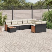10-delige Loungeset met kussens poly rattan zwart - thumbnail