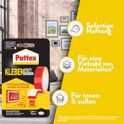 Pattex PRO/DIY Tapes PXMT2 Dubbelzijdige tape Wit (l x b) 1.5 m x 19 mm 1 stuk(s) Pattex PRO/DIY Tapes PXMT2 Dubbelzijdige tape Wit (l x b) 1.5 m x 19 mm 1 stuk(s)